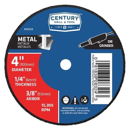 Century Drill & Tool Abrasive Cut-Off Wheel, Type 1, 4 in Dia, 1/4 in Thick, 3/8 in Arbor Hole Size, Aluminum Oxide 08324