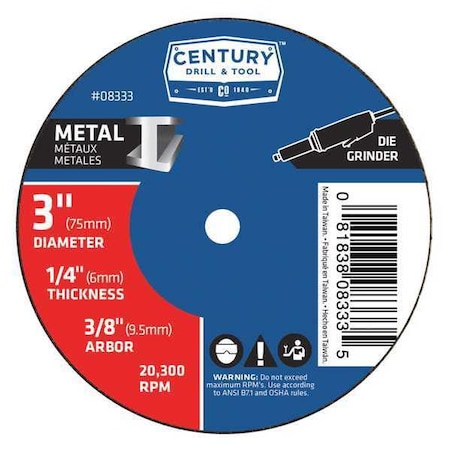 Century Drill & Tool Abrasive Cut-Off Wheel, Type 1, 3 in Dia, 1/4 in Thick, 3/8 in Arbor Hole Size, Aluminum Oxide 08333