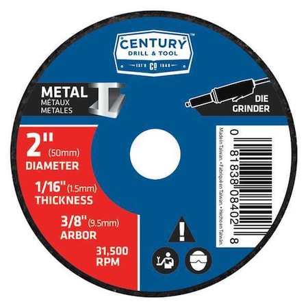 Century Drill & Tool Abrasive Cut-Off Wheel, Type 1A, 2 in Dia, 1/16 in Thick, 3/8 in Arbor Hole Size, Aluminum Oxide 08402