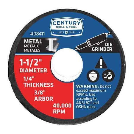Century Drill & Tool Abrasive Cut-Off Wheel, Type 1, 1-1/2 in Dia, 1/4 in Thick, 3/8 in Arbor Hole Size, Aluminum Oxide 08411