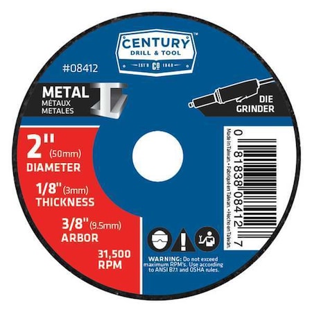 Century Drill & Tool Abrasive Cut-Off Wheel, Type 1A, 2 in Dia, 1/8 in Thick, 3/8 in Arbor Hole Size, Aluminum Oxide 08412