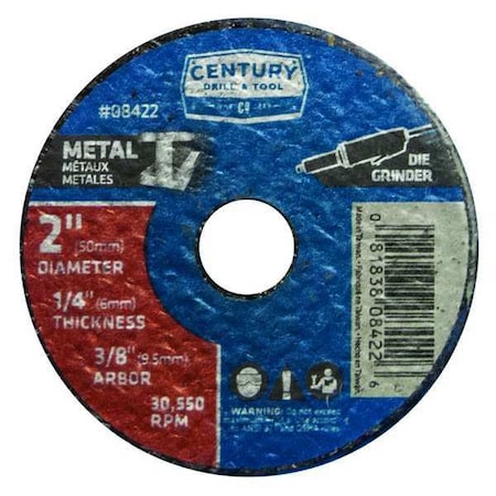 Century Drill & Tool Abrasive Cut-Off Wheel, Type 1, 2 in Dia, 1/4 in Thick, 3/8 in Arbor Hole Size, Aluminum Oxide 08422