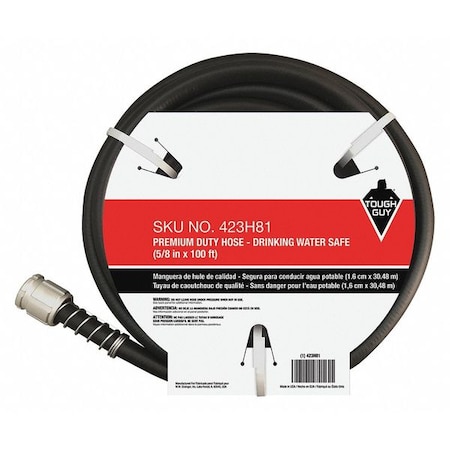 Zoro Select 5/8 in ID x 100 ft L Water Hose, PVC Tube, Black, Aluminum x Aluminum Fitting 423H81