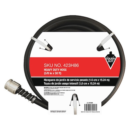 Zoro Select 5/8 in ID x 50 ft L Water Hose, PVC Tube, Black, Aluminum x Aluminum Fitting 423H86