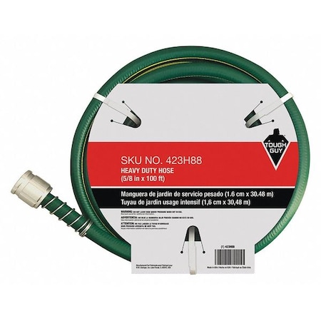 Zoro Select 5/8 in ID x 100 ft L Water Hose, PVC Tube, Green, Aluminum x Aluminum Fitting 423H88