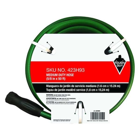 Zoro Select 5/8 in ID x 50 ft L Water Hose, PVC Tube, Green, Brass x Brass Fitting 423H93