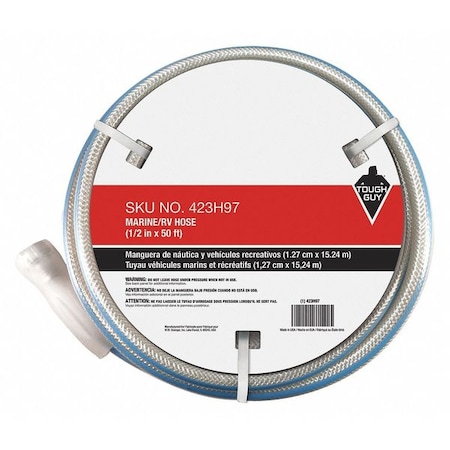 Zoro Select 1/2 in ID x 50 ft L Water Hose, PVC Tube, White, Aluminum x Aluminum Fitting 423H97