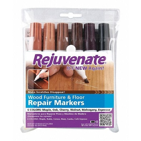 Rejuvenate Paint Marker, Medium Tip, Cherry, Espresso, Mahogany, Maple, Oak, Walnut Color Family, Paint, 6 PK HG-R65341
