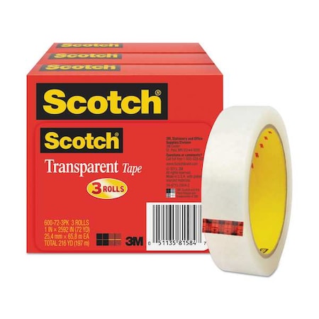 3M Transparent Tape, 1 x 2592 in., PK3 600-72-3PK