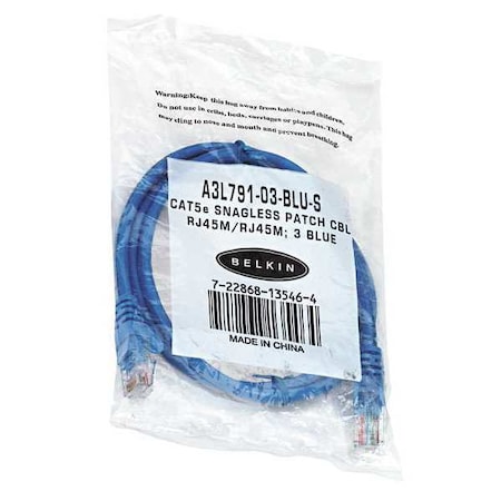 Belkin Patch Cables, CAT5e, 3 ft., Blue A3L791-03-BLU-S