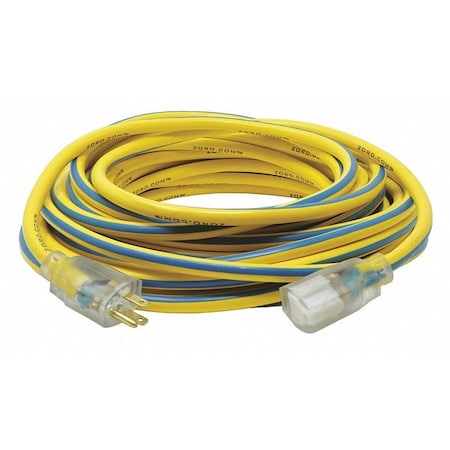 Zoro Lighted Extension Cord, 12/3, 1 Outlets, Yellow with Black Stripe, PVC, 50 ft. G1385984
