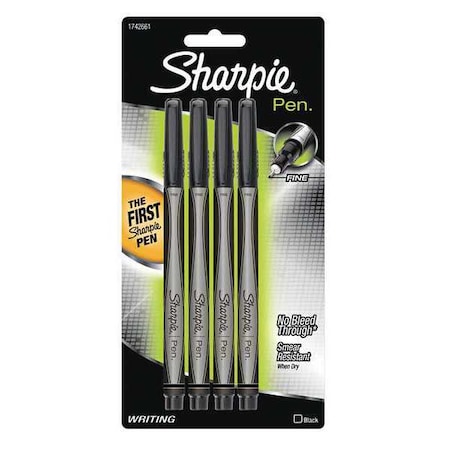 SHARPIE Water-Resistant Ink Porous Point Felt Tip Pen, Stick, Fine 0.4 mm, Black Ink, Black Barrel, PK4 1742661