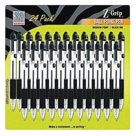 Zebra Pen Z-Grip Ballpoint Pen, Retractable, Medium 1 mm, Black Ink, Clear/Black Barrel, PK24 12221