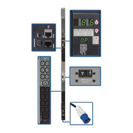 Tripp Lite PDU, Monitored, (42) C13, (6) C19, IEC-60309 30A BLUE (3P+E), 10 ft. PDU3VN10G30
