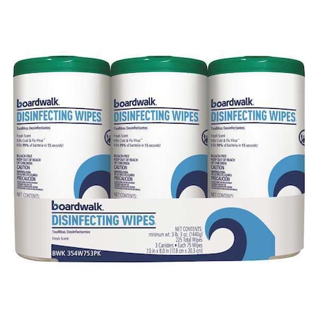 BOARDWALK Towels & Wipes, Canister, General Purpose, 3 PK, 75 Wipes, Fresh 87-225MPF956