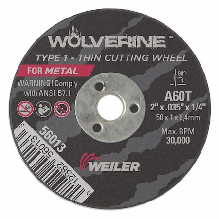 Weiler Abrasive Cut-Off Wheel, Type 1, 2 in Dia, 0.035 in Thick, Aluminum Oxide 56013