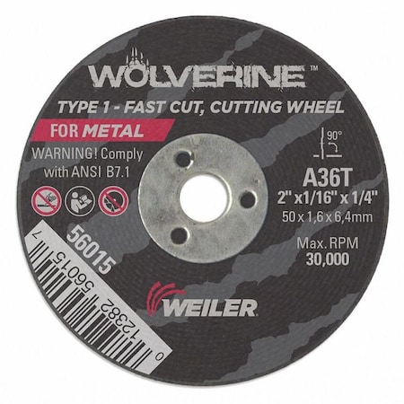 Weiler Abrasive Cut-Off Wheel, Type 1, 2 in Dia, 0.0625 in Thick, 1/4 in Arbor Hole Size, Aluminum Oxide 56015