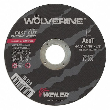 Weiler Abrasive Cut-Off Wheel, Type 1, 4 1/2 in Dia, 0.0625 in Thick, 7/8 in Arbor Hole Size, 60 Grit 56103