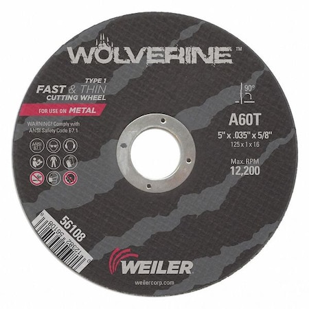 Weiler Abrasive Cut-Off Wheel, Type 1, 5 in Dia, 0.035 in Thick, 5/8 in Arbor Hole Size, Aluminum Oxide 56108