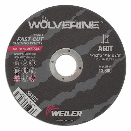 Weiler Abrasive Cut-Off Wheel, Type 1, 5 in Dia, 0.0625 in Thick, 7/8 in Arbor Hole Size, Aluminum Oxide 56118