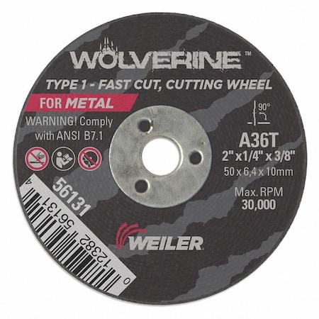 Weiler Abrasive Cut-Off Wheel, Type 1, 2 in Dia, 0.25 in Thick, 3/8 in Arbor Hole Size, Aluminum Oxide 56131