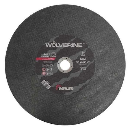 Weiler Abrasive Cut-Off Wheel, Type 1, 12 in Dia, 0.0938 in Thick, 1 in Arbor Hole Size, Aluminum Oxide 56239