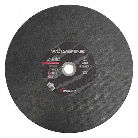 Weiler Abrasive Cut-Off Wheel, Type 1, 14 in Dia, 0.0938 in Thick, 1 in Arbor Hole Size, Aluminum Oxide 56240