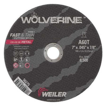 Weiler Abrasive Cut-Off Wheel, Type 1, 7 in Dia, 0.045 in Thick, 7/8 in Arbor Hole Size, Aluminum Oxide 56275