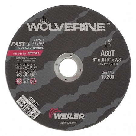 Weiler Abrasive Cut-Off Wheel, Type 1, 6 in Dia, 0.04 in Thick, 7/8 in Arbor Hole Size, Aluminum Oxide 56282