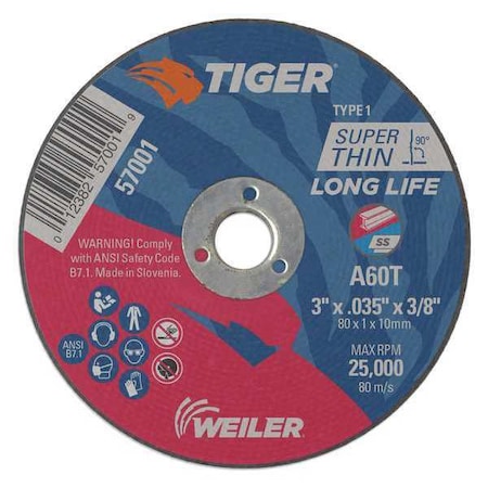 Tiger Abrasive Cut-Off Wheel, Type 1, 3 in Dia, 0.035 in Thick, Aluminum Oxide 57001