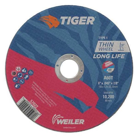 Tiger Abrasive Cut-Off Wheel, Type 1, 6 in Dia, 0.045 in Thick, Aluminum Oxide, 60 Grit 57022