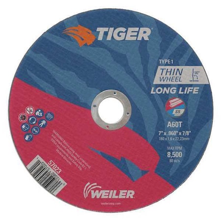 Tiger Abrasive Cut-Off Wheel, Type 1, 7 in Dia, 0.045 in Thick, Aluminum Oxide 57023