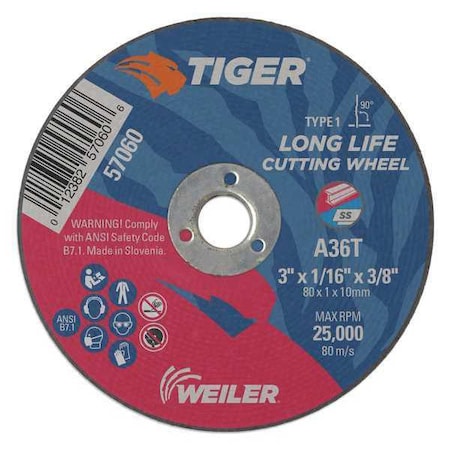Tiger Abrasive Cut-Off Wheel, Type 1, 3 in Dia, 0.0625 in Thick, Aluminum Oxide 57060