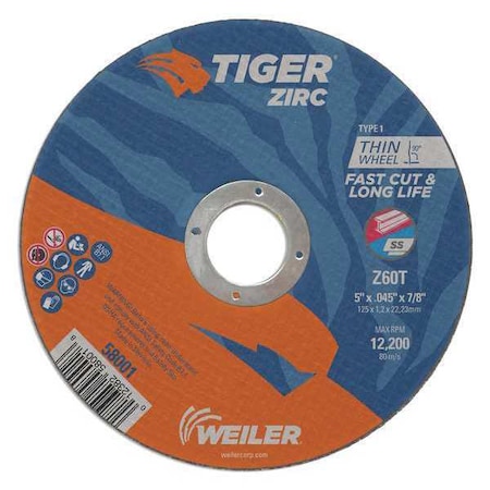 Tiger Zirc Abrasive Cut-Off Wheel, Type 1, 5 in Dia, 0.045 in Thick, Zirconia Alumina 58001