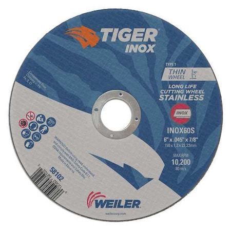 Tiger Inox Abrasive Cut-Off Wheel, Type 1, 6 in Dia, 0.045 in Thick, Aluminum Oxide 58102