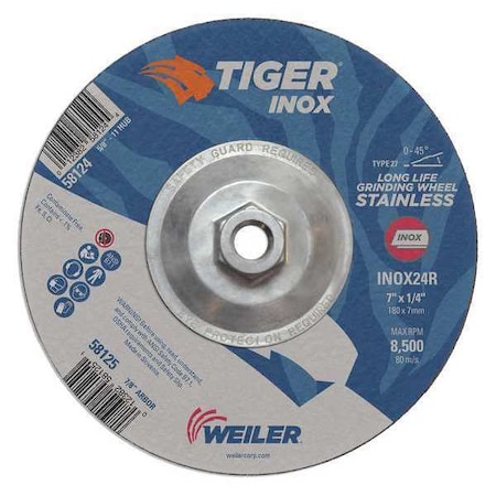 Tiger Inox Grinding Wheel, Type 27, 7 in Dia, 1/4 in Thick, 5/8 in-11 UNC Nut Arbor Hole Size, Aluminum Oxide 58124