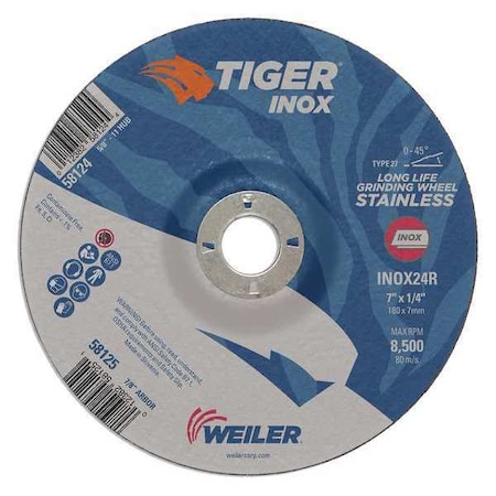 Tiger Inox Grinding Wheel, Type 27, 7 in Dia, 1/4 in Thick, 7/8 in Arbor Hole Size, Aluminum Oxide 58125