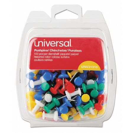Universal Push Pins, Plastic, Rainbow, PK100 UNV31310