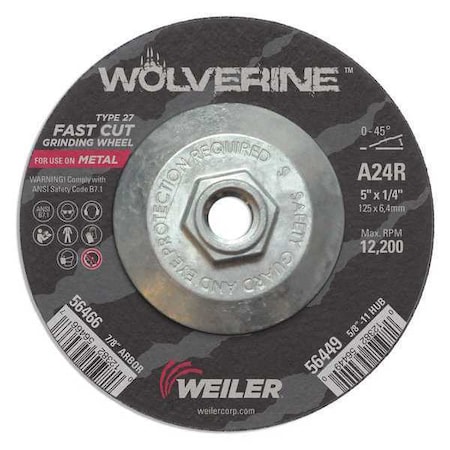 Weiler Grinding Wheel, Type 27, 5 in Dia, 1/4 in Thick, 5/8 in-11 UNC Nut Arbor Hole Size, Aluminum Oxide 56449