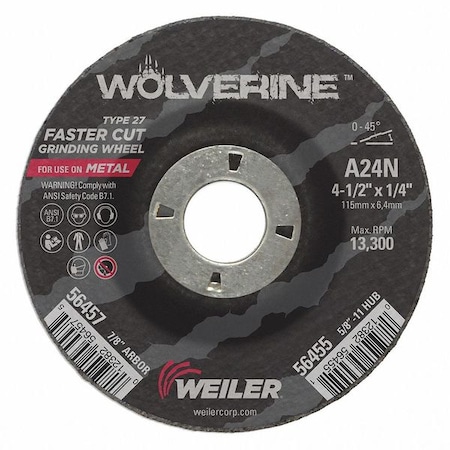 Weiler Grinding Wheel, Type 27, 4 1/2 in Dia, 1/4 in Thick, 7/8 in Arbor Hole Size, Aluminum Oxide 56457