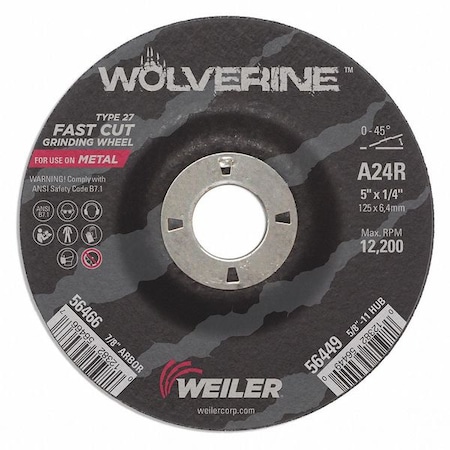Weiler Grinding Wheel, Type 27, 5 in Dia, 1/4 in Thick, 7/8 in Arbor Hole Size, Aluminum Oxide 56466