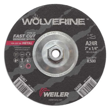 Weiler Grinding Wheel, Type 27, 7 in Dia, 1/4 in Thick, 5/8 in-11 UNC Nut Arbor Hole Size, Aluminum Oxide 56468