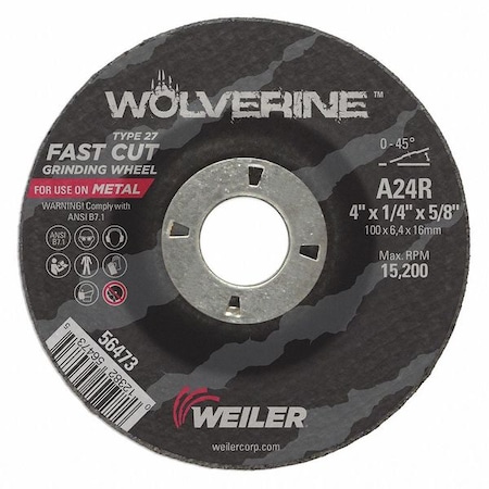 Weiler Grinding Wheel, Type 27, 4 in Dia, 1/4 in Thick, 5/8 in Arbor Hole Size, Aluminum Oxide 56473