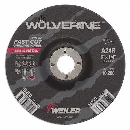 Weiler Grinding Wheel, Type 27, 6 in Dia, 1/4 in Thick, 7/8 in Arbor Hole Size, Aluminum Oxide 56280
