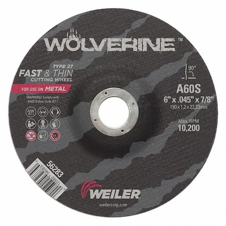 Weiler Cutting Wheel, Type 27, 6 in Dia, 0.045 in Thick, 7/8 in Arbor Hole Size, Aluminum Oxide 56283