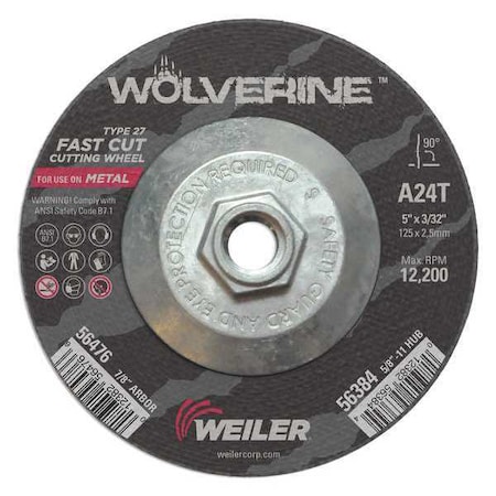 Weiler Cutting Wheel, Type 27, 5 in Dia, 0.0938 in Thick, 5/8 in-11 UNC Nut Arbor Hole Size 56384