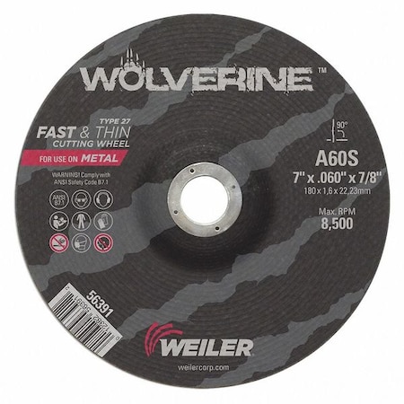 Weiler Cutting Wheel, Type 27, 7 in Dia, 0.06 in Thick, 7/8 in Arbor Hole Size, Aluminum Oxide 56391