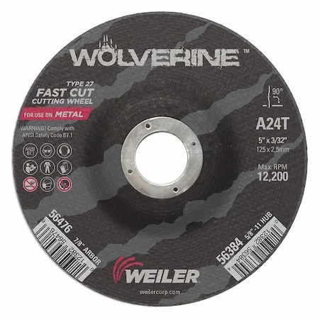 Weiler Cutting Wheel, Type 27, 5 in Dia, 0.0938 in Thick, 7/8 in Arbor Hole Size, Aluminum Oxide 56476