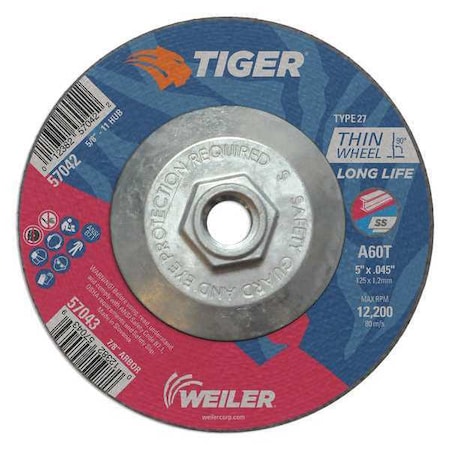 Tiger Cutting Wheel, Type 27, 5 in Dia, 0.045 in Thick, 5/8 in-11 UNC Nut Arbor Hole Size, Aluminum Oxide 57042