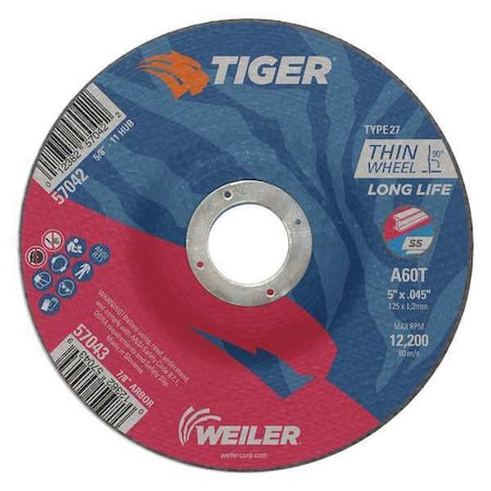 Tiger Cutting Wheel, Type 27, 5 in Dia, 0.045 in Thick, 7/8 in Arbor Hole Size, Aluminum Oxide 57043
